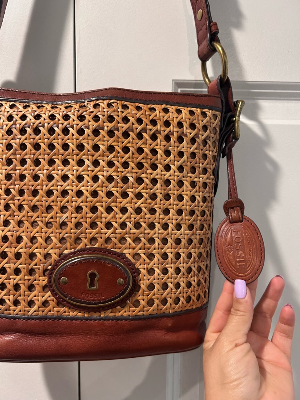Fossil Woven Rattan and Brown Leather Shoulder/crossbody Bag - Picture 4 of 14